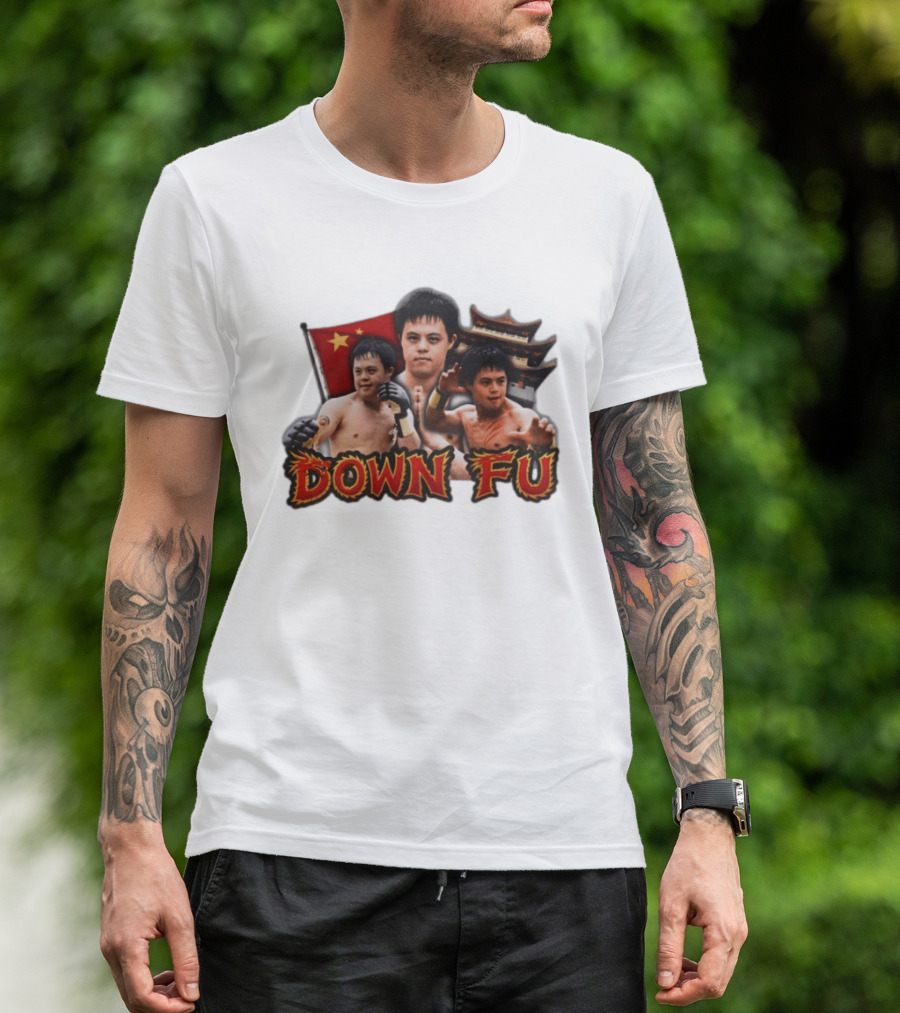 Down Fu Martial Arts Style With Fighters And Chinese Pagoda T-Shirt