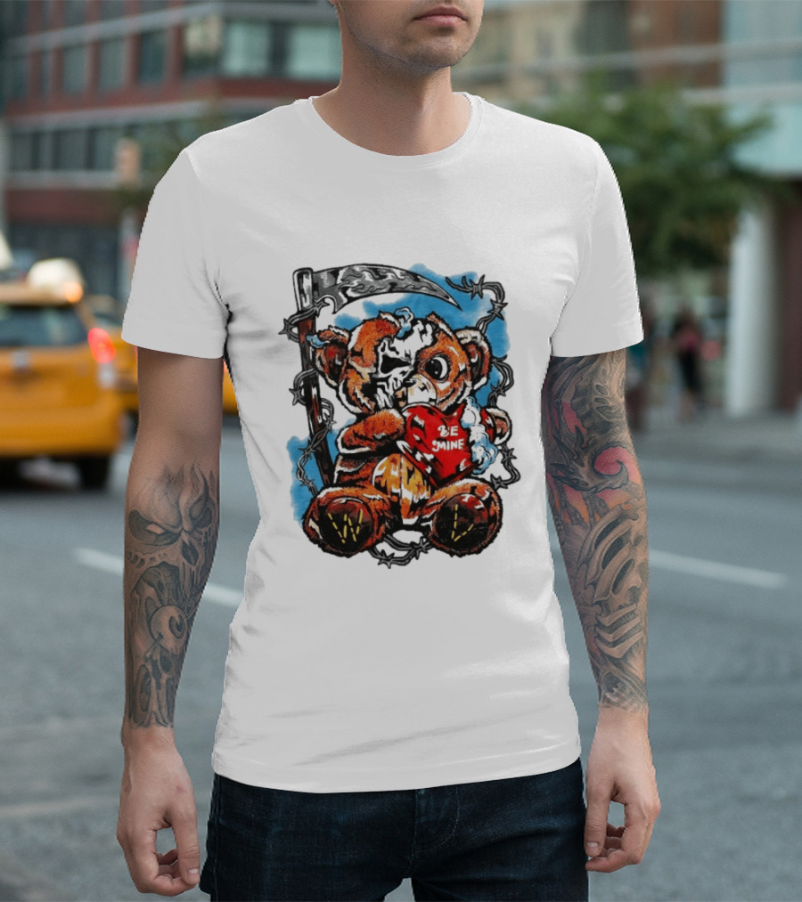 Warren Lotas Be Mine Teddy Grim Reaper Barbed Wire Valentine Scythe T-Shirt