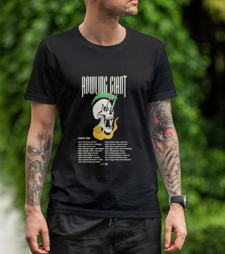 Howling Giant Europe 2026 Tour Dates Skull Skeleton Orion Sun Club Dates T-Shirt