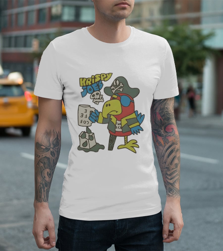 Krispy Joe's Pirate Parrot Coffee Spill Cartoon T-Shirt
