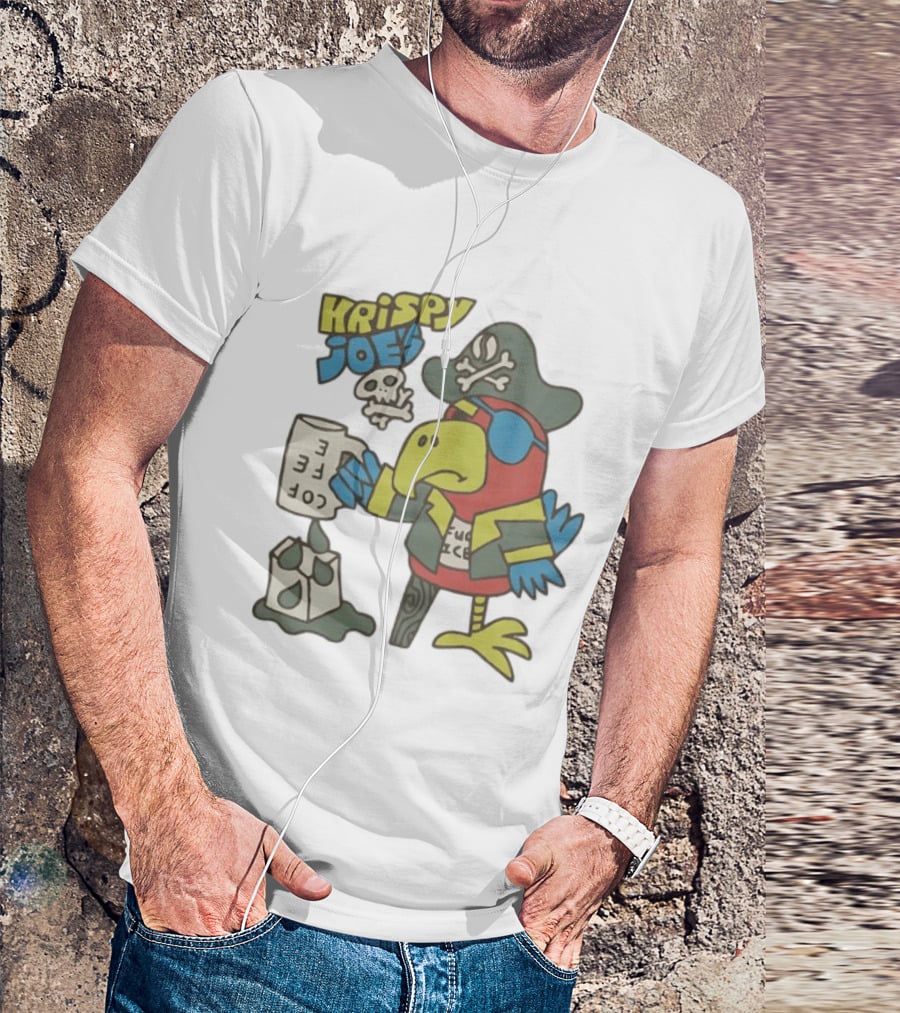 Krispy Joe's Pirate Parrot Coffee Spill Cartoon T-Shirt