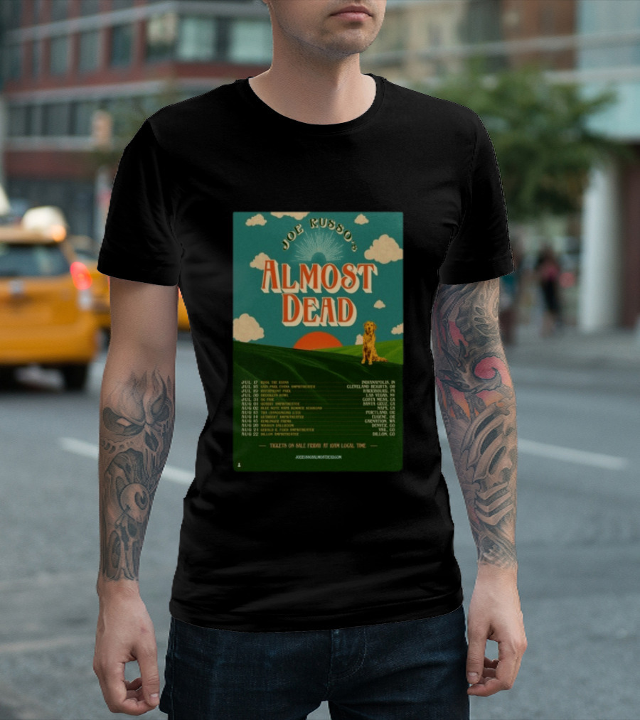 Joe Russo's Almost Dead Summer Tour 2026 Dates Red Sun Dog And Cloudy Sky T-Shirt