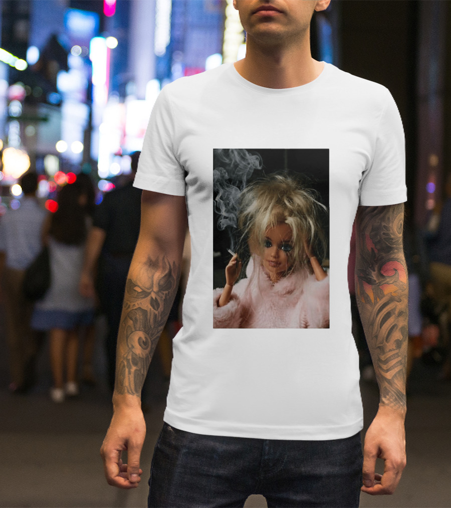 Cigarette Smoking Barbie Doll In Pink Fur Coat T-Shirt