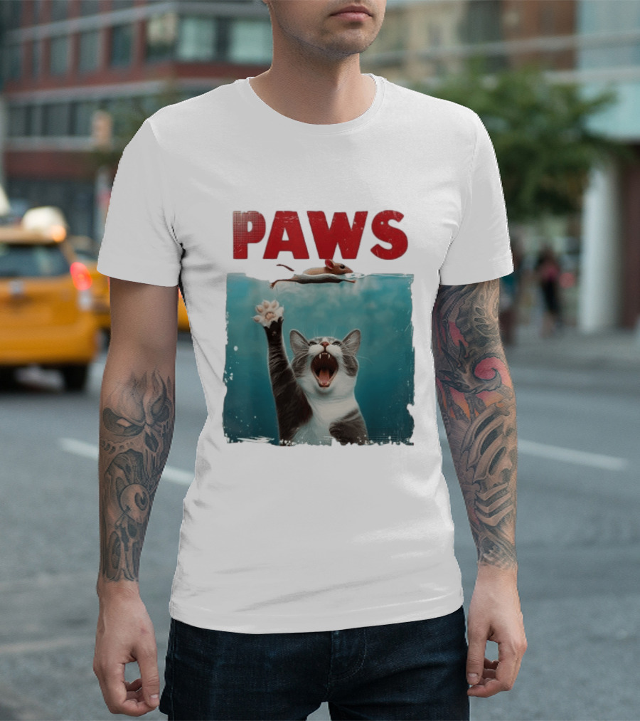 Paws Cat Chasing Mouse Playful Kitten Humor T-Shirt