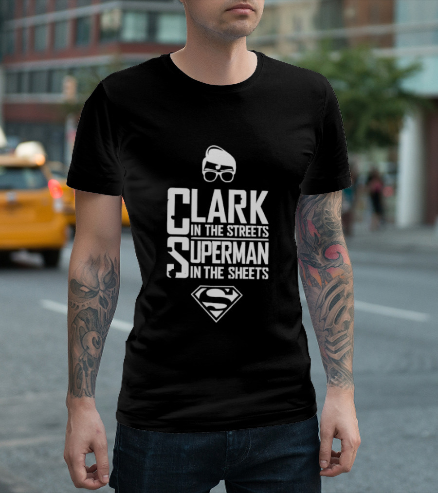 Clark In The Streets Superman In The Sheets S Logo Glasses T-Shirt