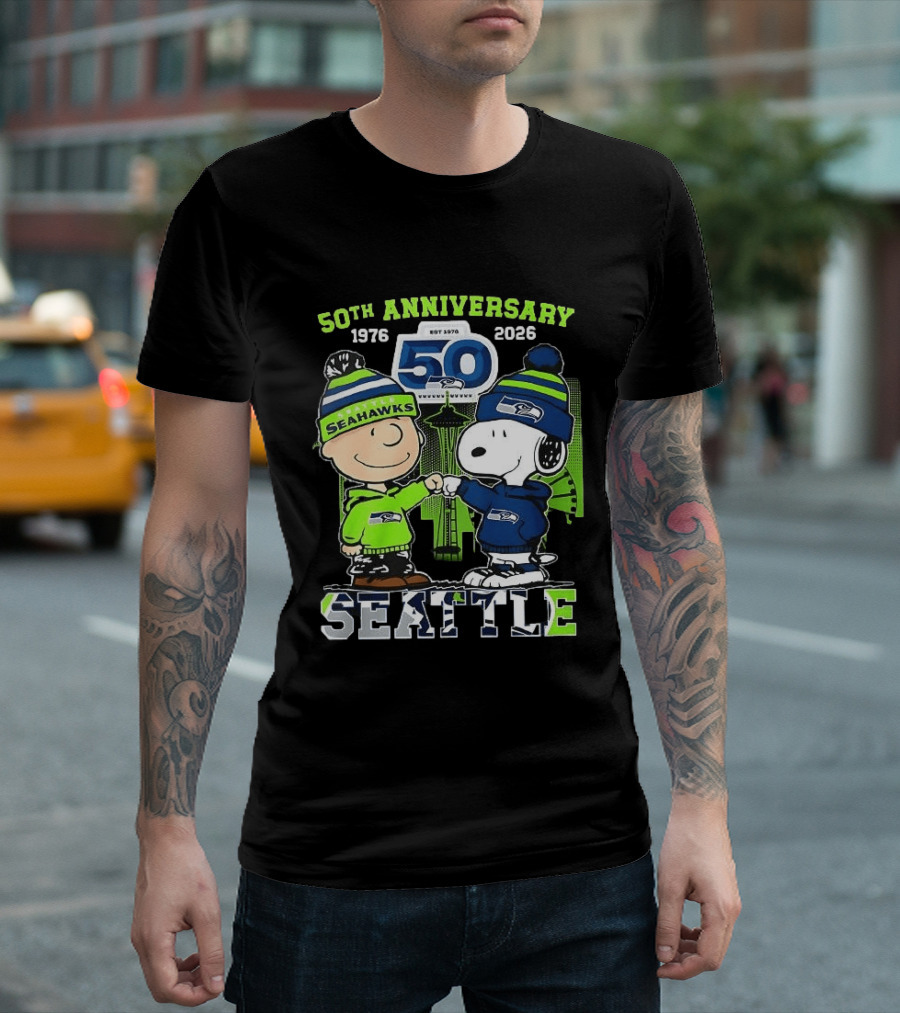 Seattle Seahawks 50th Anniversary 1976 2026 Charlie Brown Snoopy T-Shirt