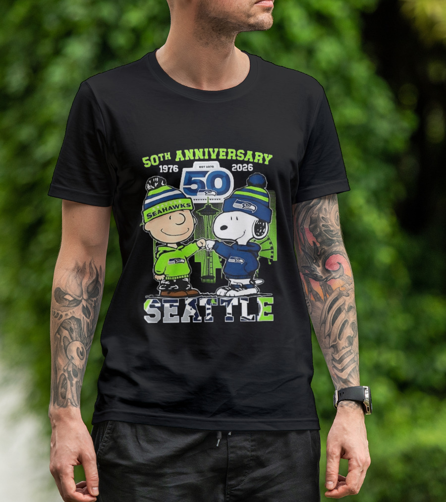 Seattle Seahawks 50th Anniversary 1976 2026 Charlie Brown Snoopy T-Shirt