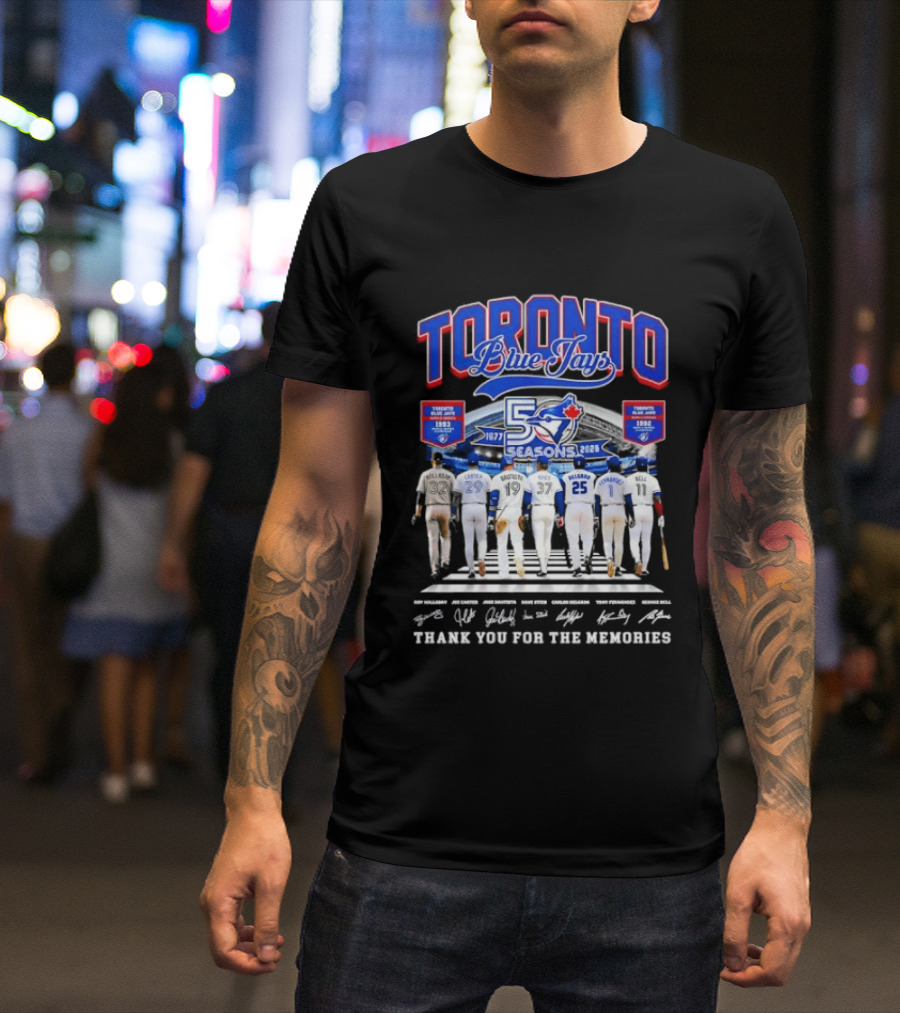 Toronto Blue Jays Blue 50 Seasons 1977 To 2026 Commemorative Signatures Thank You For The Memories T-Shirt