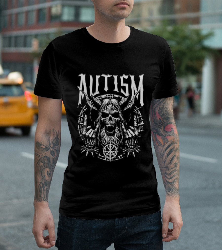 Autism Skull Punk Rock Symbol With Skeleton Hands T-Shirt