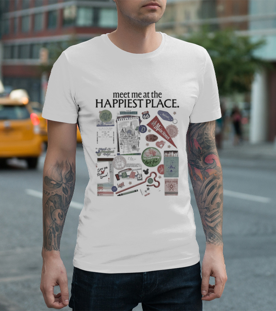 Meet Me At The Happiest Place With Iconic Park Symbols And Pop Culture References T-Shirt