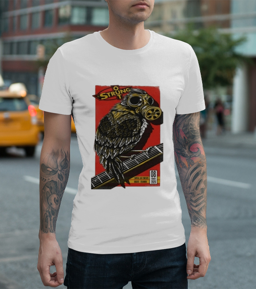 Strung Out Feb 8 2026 Bogota Colombia Bird Gas Mask Concept Concert Tour T-Shirt