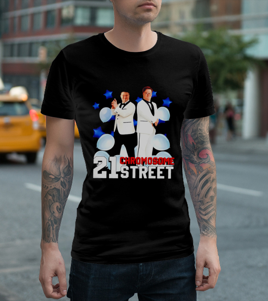 21 Chromosome Street Down Syndrome Stars Balloons White Suits T-Shirt