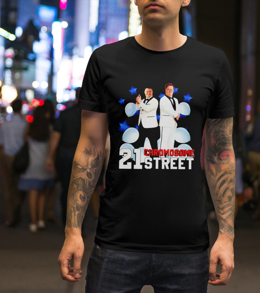 21 Chromosome Street Down Syndrome Stars Balloons White Suits T-Shirt
