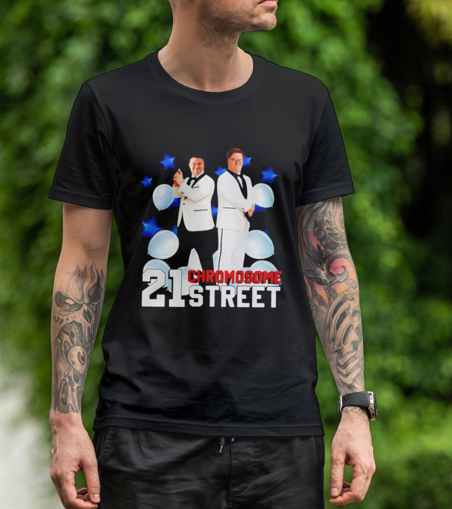 21 Chromosome Street Down Syndrome Stars Balloons White Suits T-Shirt