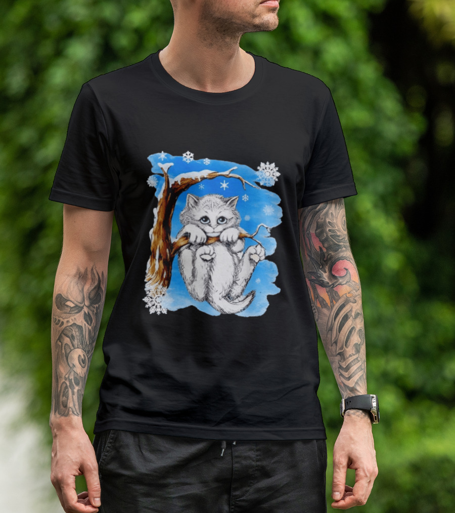 Hang In There Baby Cat In Snow With Snowflakes And Blue Sky T-Shirt