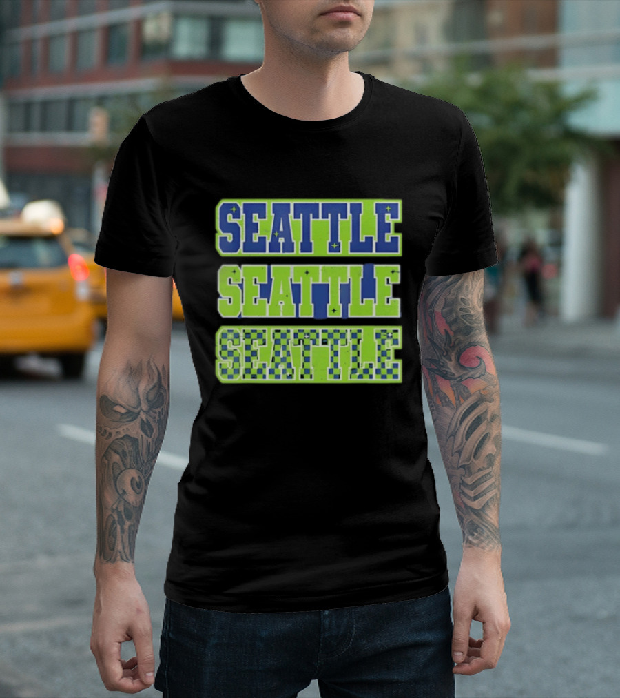 Seattle Blue Green Stars Checkerboard T-Shirt