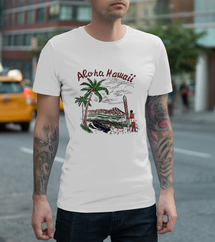 BTS Taehyung Aloha Hawaii Diamond Head 1960 Palm Trees Surfer Scene T-Shirt