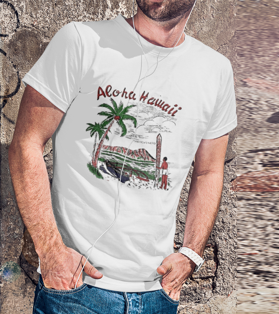 BTS Taehyung Aloha Hawaii Diamond Head 1960 Palm Trees Surfer Scene T-Shirt