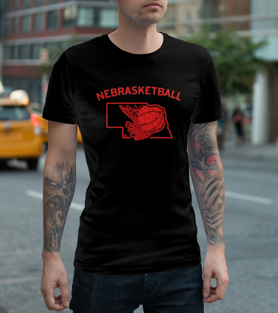 Nebrasketball Nebraska Basketball Red State Silhouette Basketball Net T-Shirt