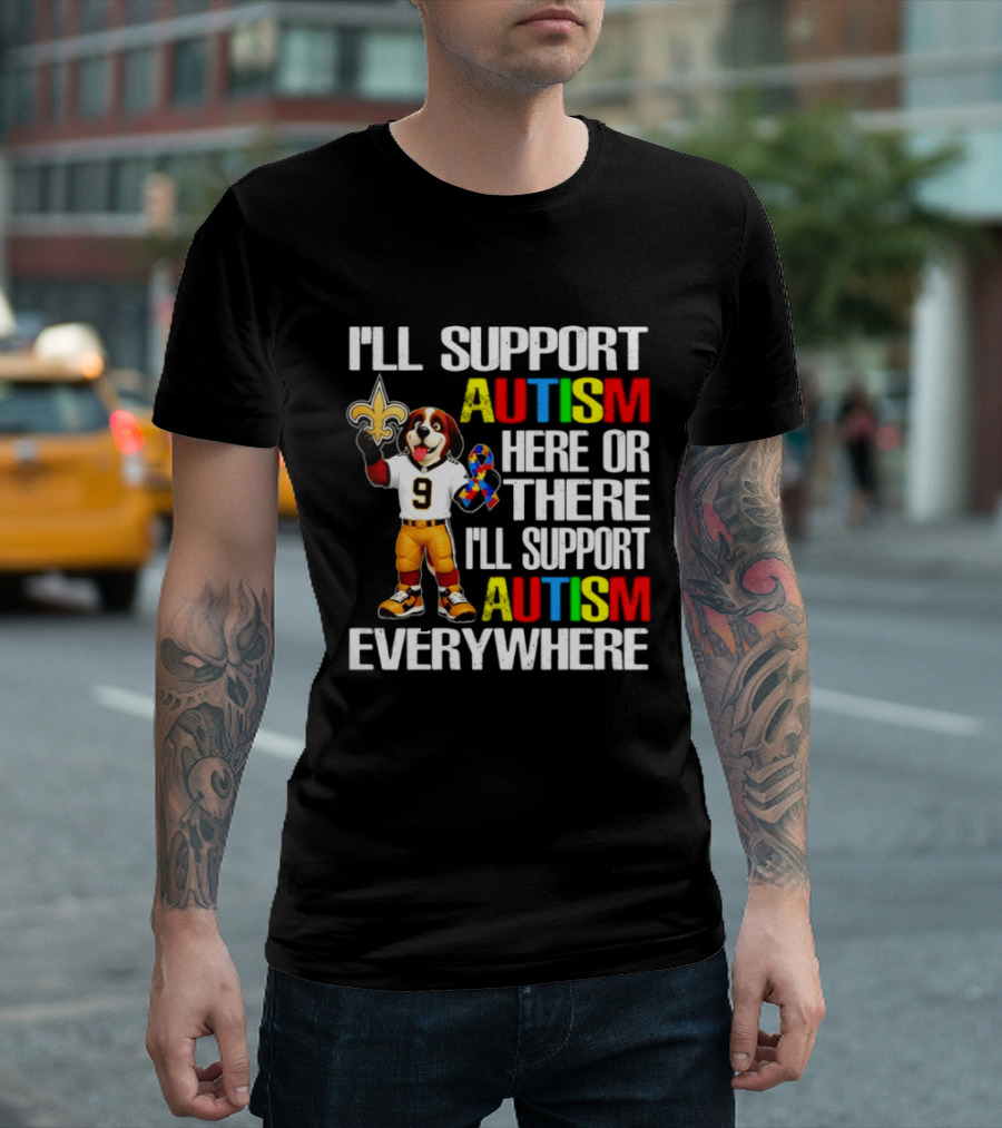 New Orleans Saints Team Mascot Support Autism Awareness Everywhere T-Shirt