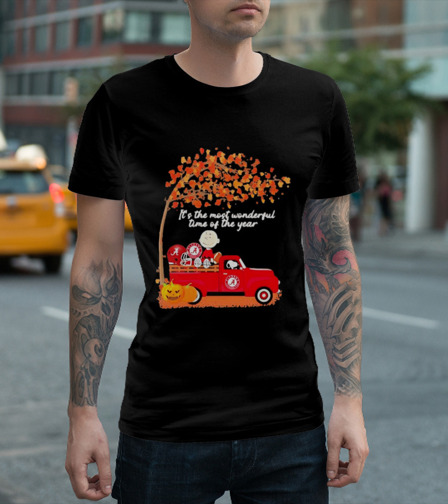 Peanuts Characters Alabama Crimson Tide Pickup Truck Fall Scene T-Shirt