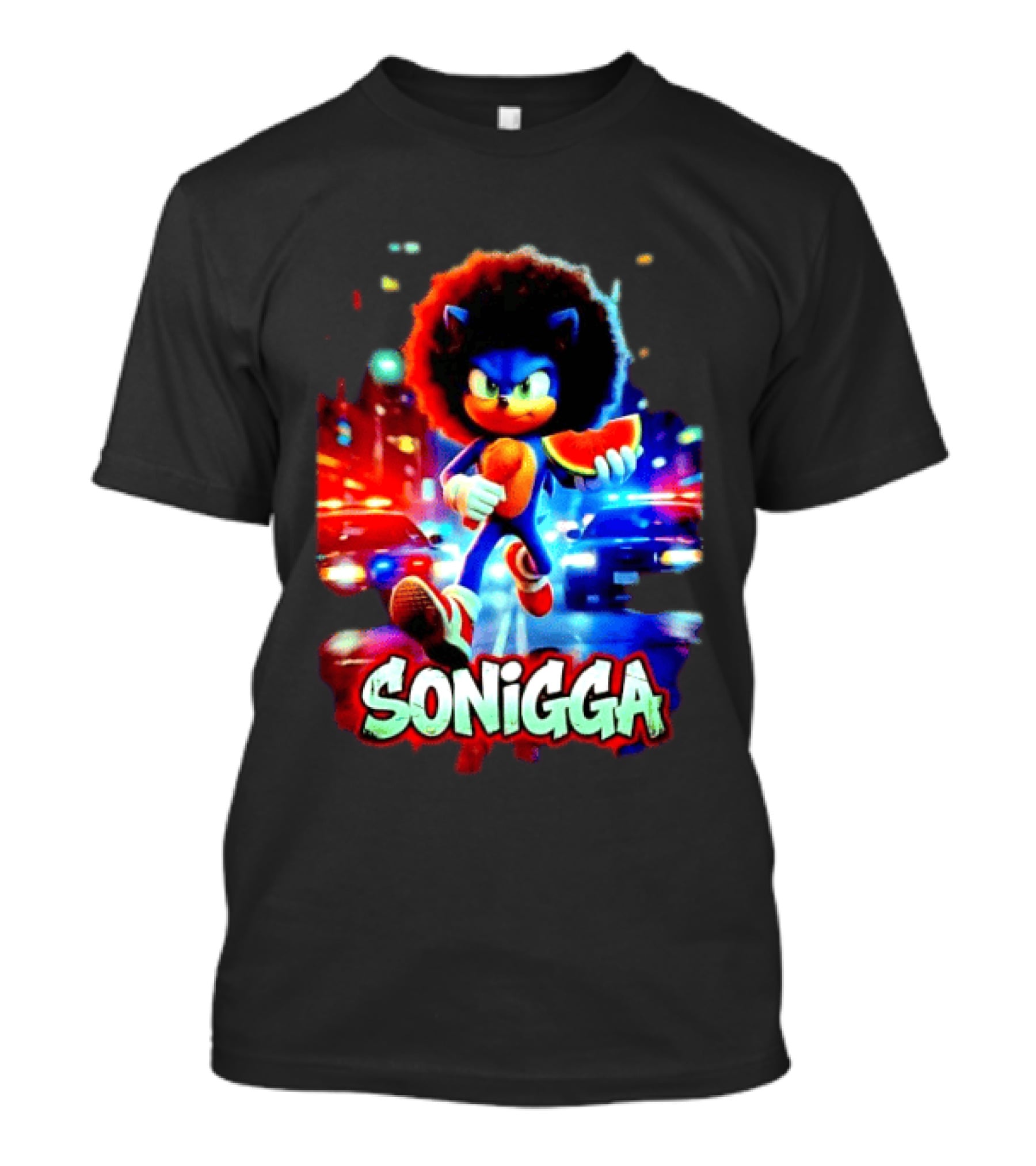 SONIGGA Sonic The Hedgehog Holding Watermelon Afro T-Shirt