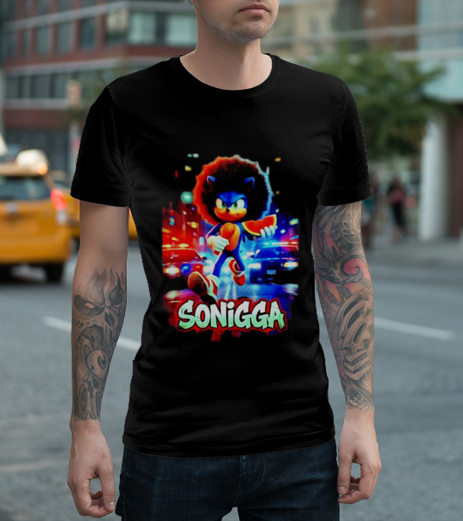 SONIGGA Sonic The Hedgehog Holding Watermelon Afro T-Shirt