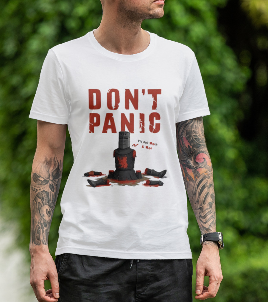 Don't Panic Monty Python Black Knight Sitting In Limbs T-Shirt