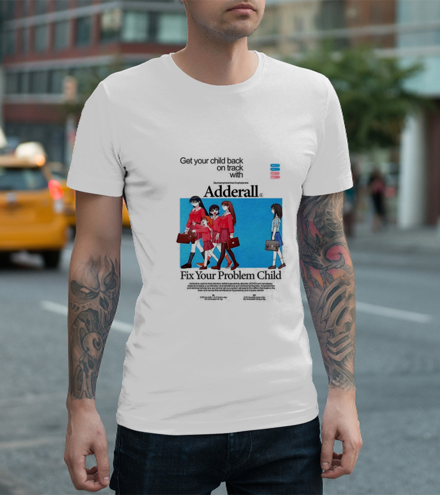 Get Your Problem Child Back On Track With Adderall Anime Girls In Red Uniforms With Briefcases And Pills T-Shirt