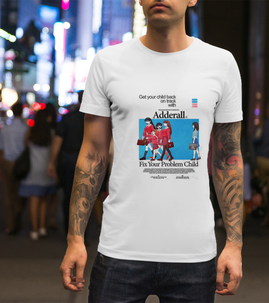 Get Your Problem Child Back On Track With Adderall Anime Girls In Red Uniforms With Briefcases And Pills T-Shirt