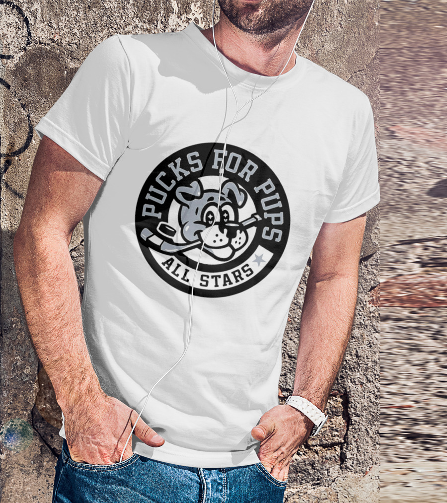 Pucks For Pups All Stars Hockey Dog With Hockey Stick T-Shirt