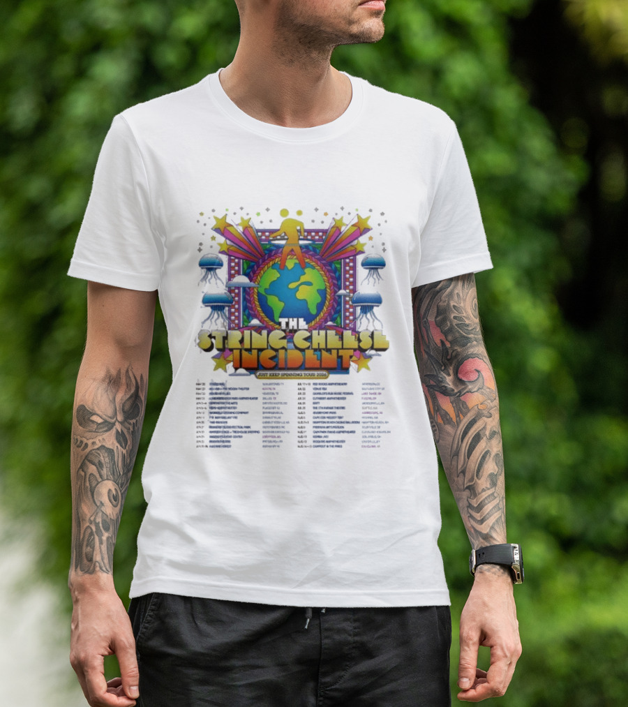The String Cheese Incident Just Keep Spinning Tour 2026 North America Dates Psychedelic Globe And Jellyfish Motif T-Shirt