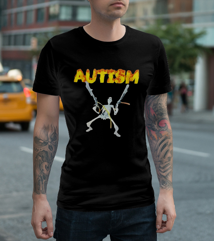 Autism Skeleton With Swords And Fire Letters T-Shirt