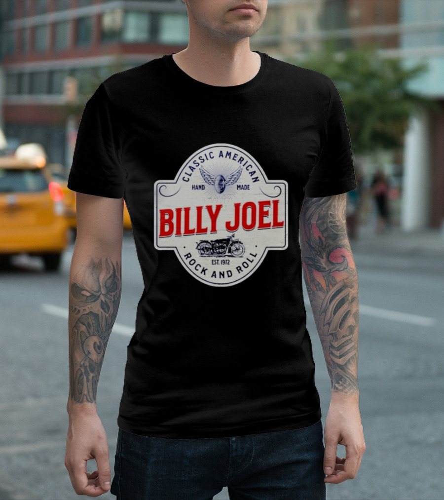 Billy Joel Classic American Hand Made Rock And Roll Est 1972 Motorcycle T-Shirt