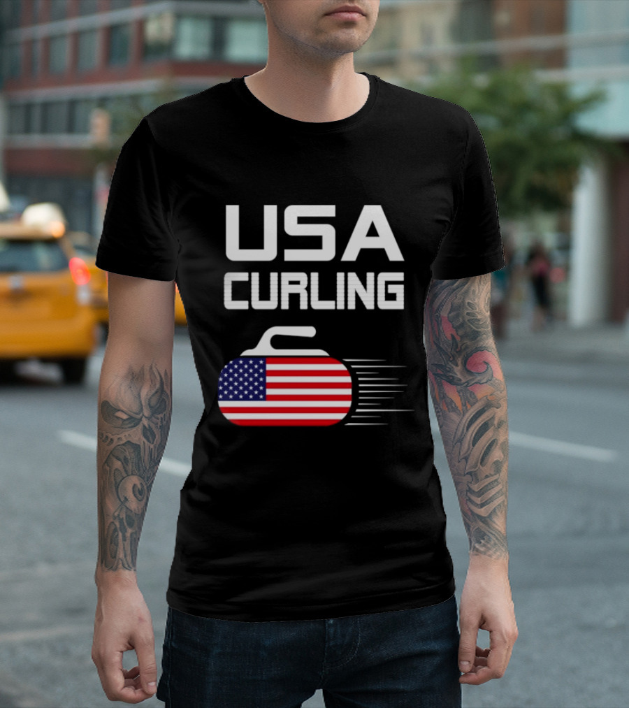 USA Curling American Flag Stone T-Shirt