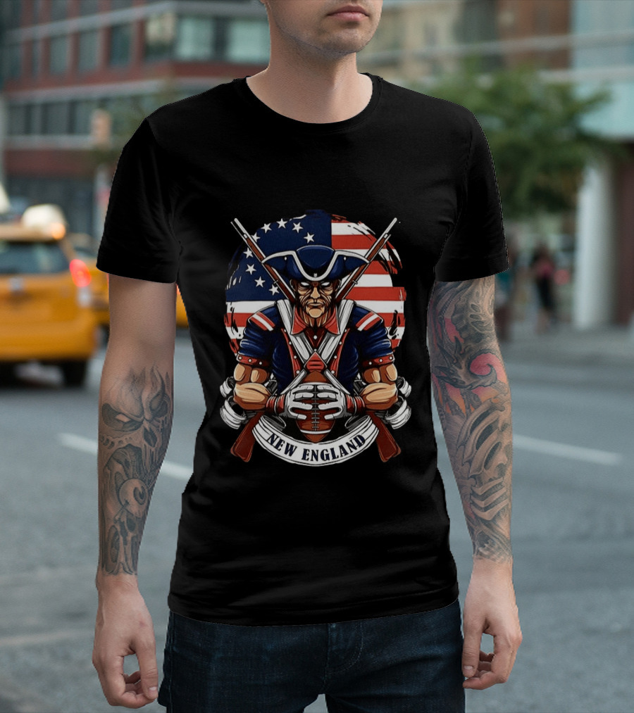 New England Patriots Revolutionary Soldier American Flag Football T-Shirt