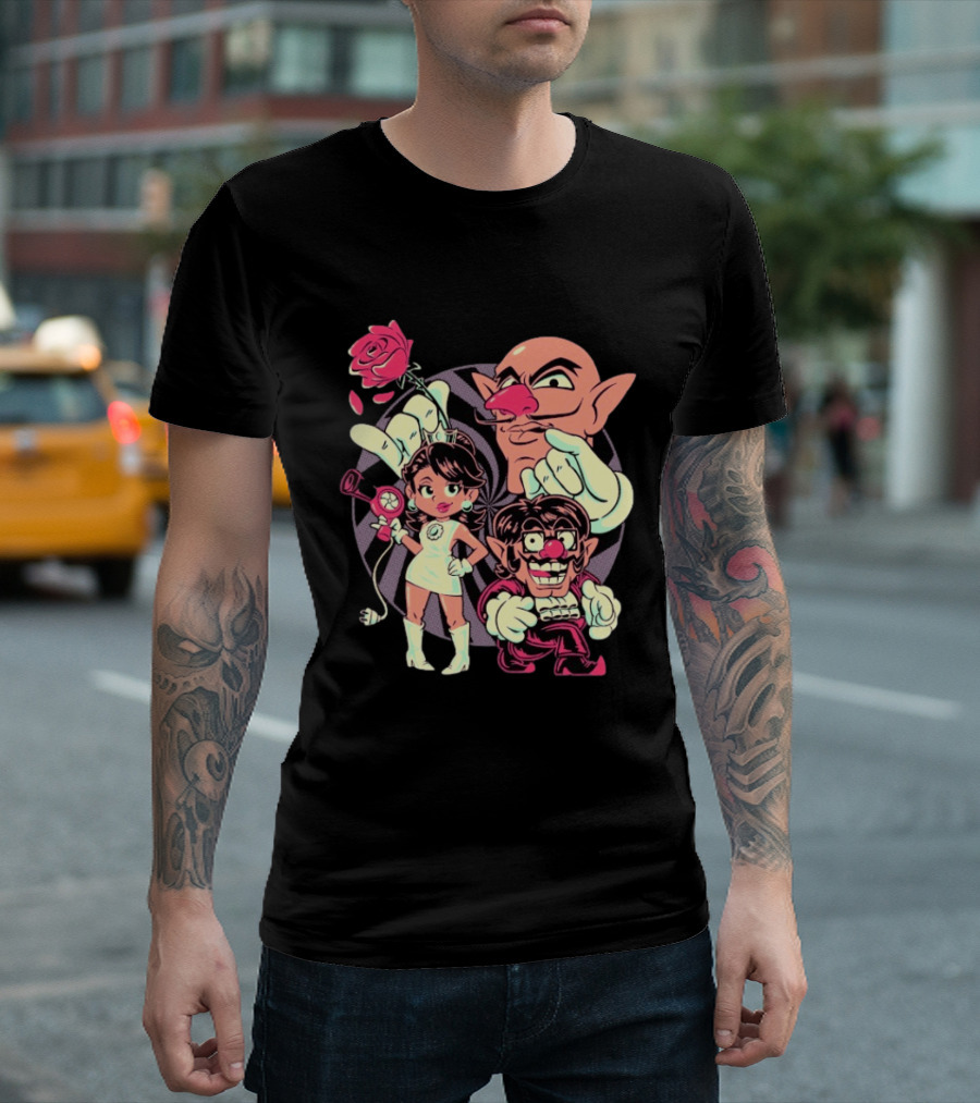 Henrique Torres Oh Be Wah Ve Vintage Cartoon Style Characters And Rose With Electric Plug T-Shirt
