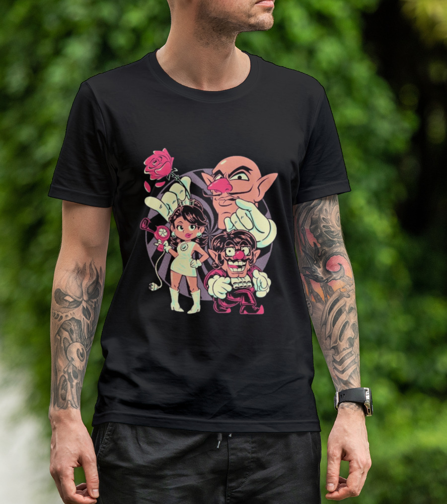 Henrique Torres Oh Be Wah Ve Vintage Cartoon Style Characters And Rose With Electric Plug T-Shirt