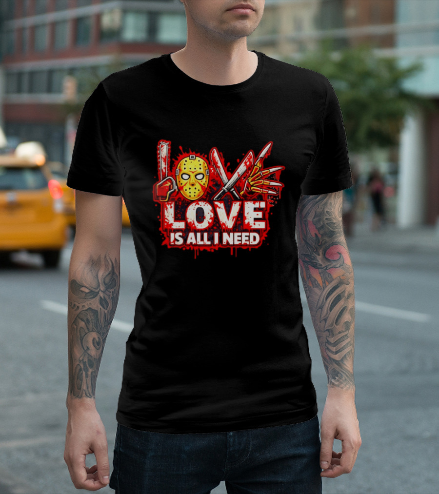 Horror Love Is All I Need Valentine Halloween Mask Knife Claw T-Shirt