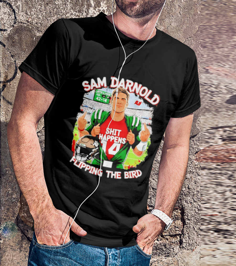 Sam Darnold Shit Happens 14 Flipping The Bird Stadium 42 14 T-Shirt