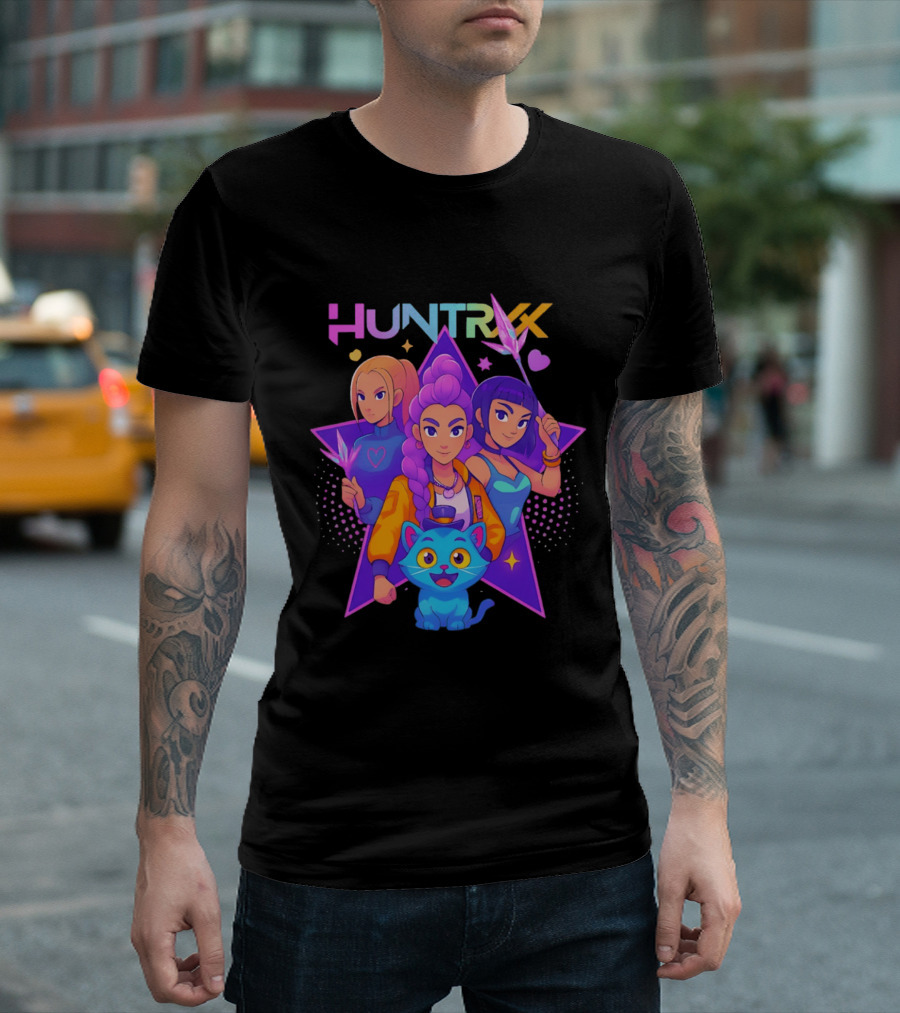 Huntrx Anime All Characters Vibrant Magical Trio And Blue Cat With Crystal Stars T-Shirt