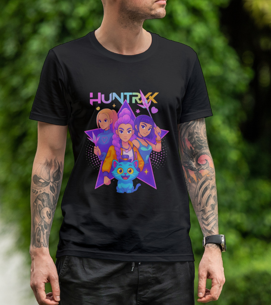 Huntrx Anime All Characters Vibrant Magical Trio And Blue Cat With Crystal Stars T-Shirt
