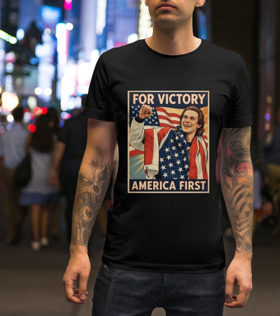 For Victory America First Patriotic Jack Hughes Victory Pose T-Shirt