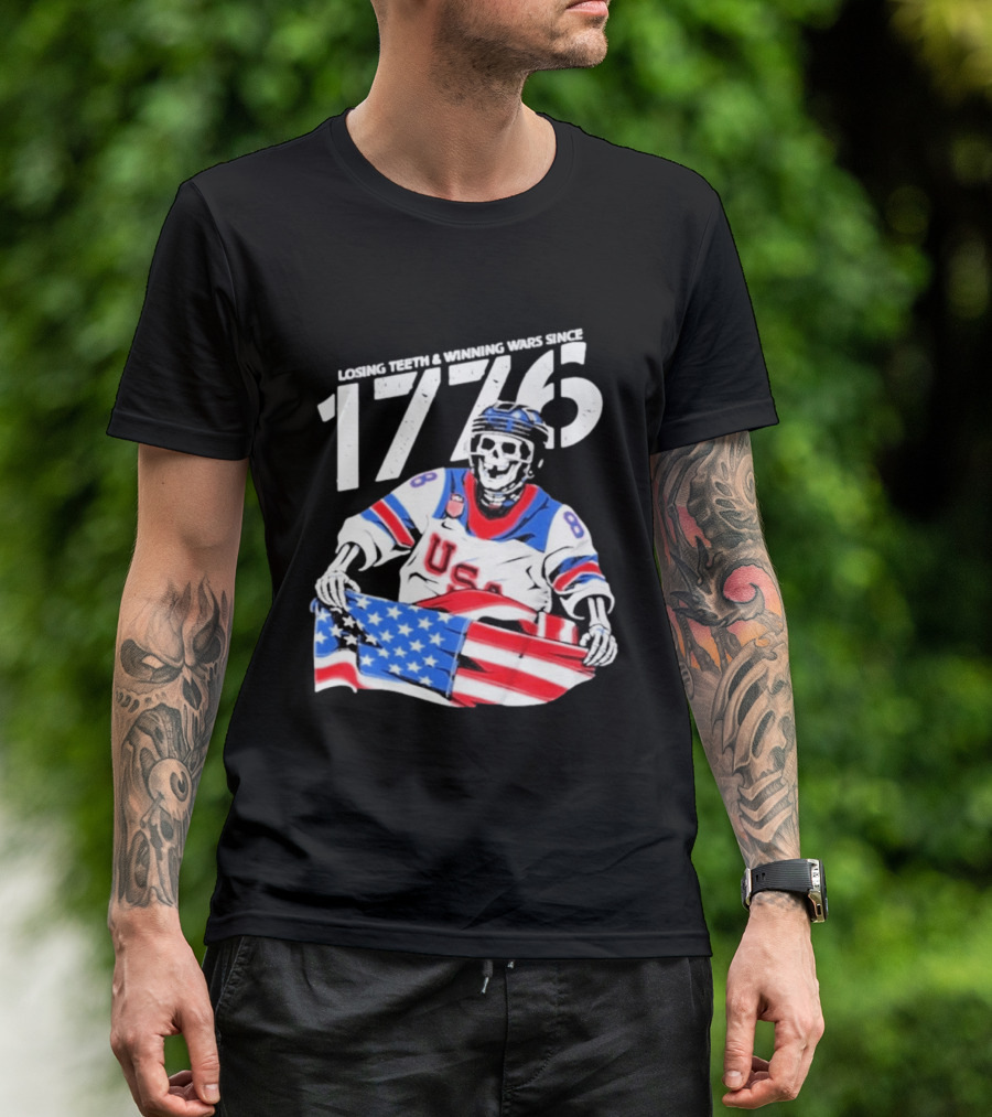 Losing Teeth Winning Wars Since 1776 USA Hockey Skeleton American Flag T-Shirt