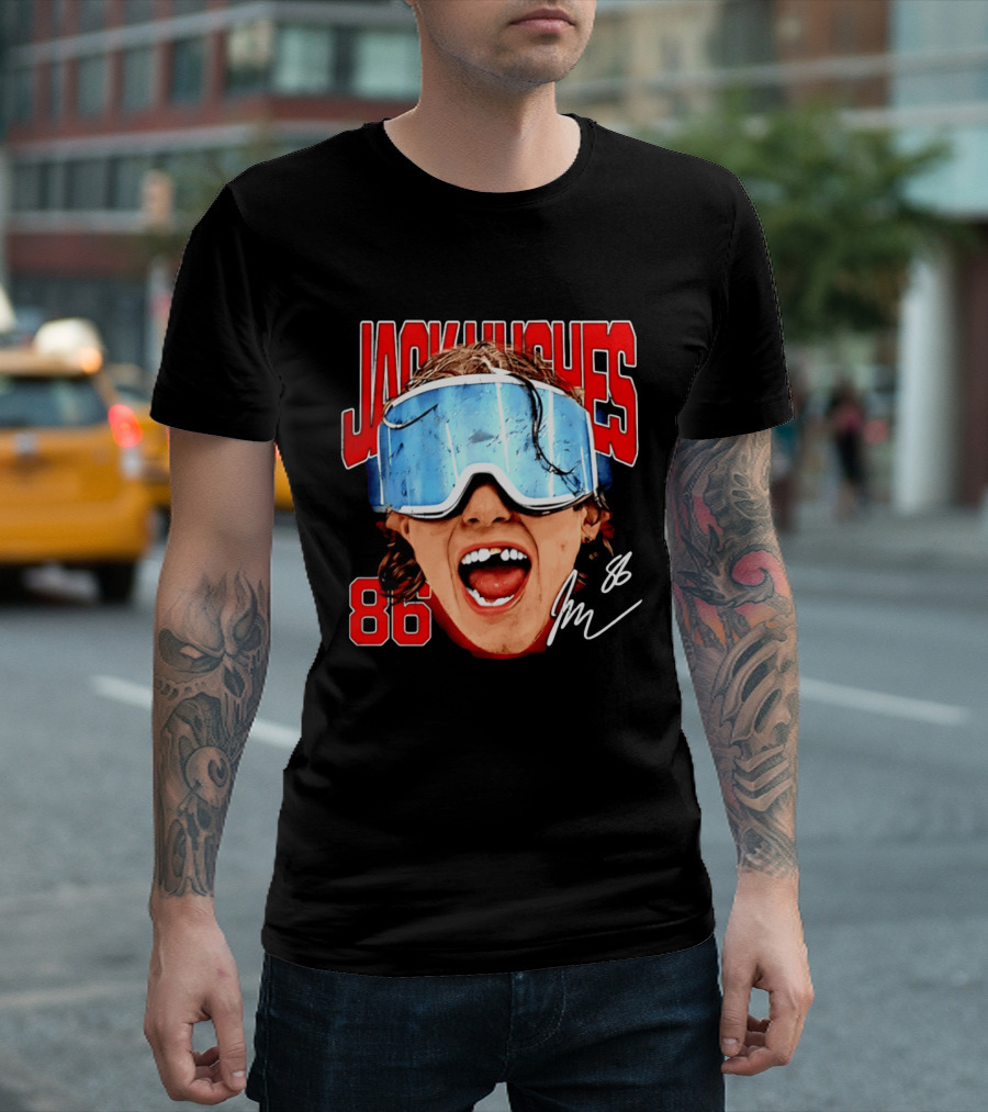 Jack Hughes New Jersey Devils 86 Goggles Signature T-Shirt