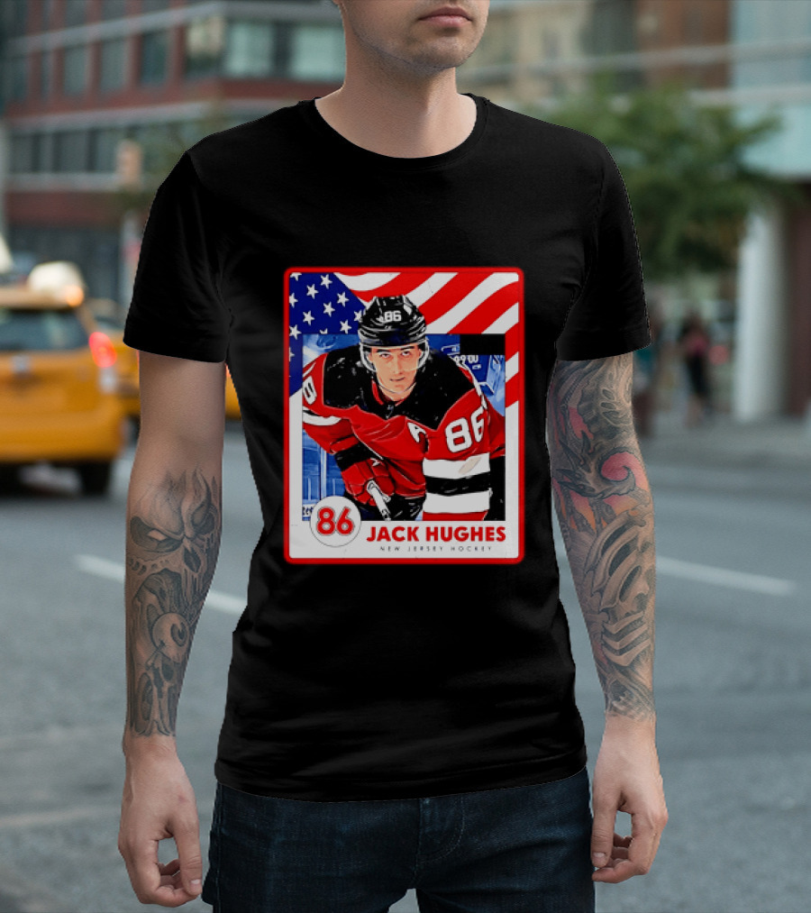 Jack Hughes 86 New Jersey Hockey American Flag T-Shirt