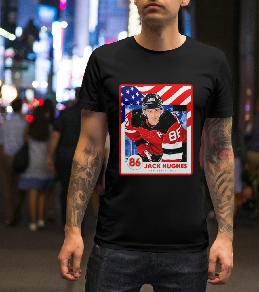 Jack Hughes 86 New Jersey Hockey American Flag T-Shirt