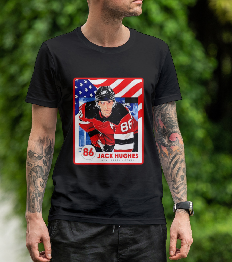 Jack Hughes 86 New Jersey Hockey American Flag T-Shirt