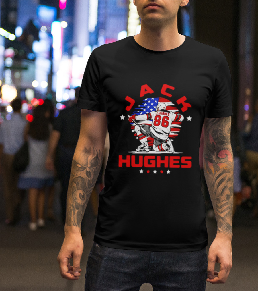 Jack Hughes 86 New Jersey Devils USA Flag Celebration T-Shirt
