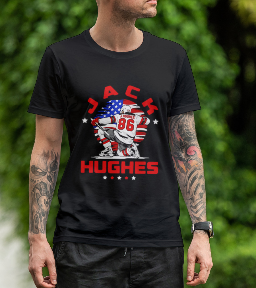 Jack Hughes 86 New Jersey Devils USA Flag Celebration T-Shirt
